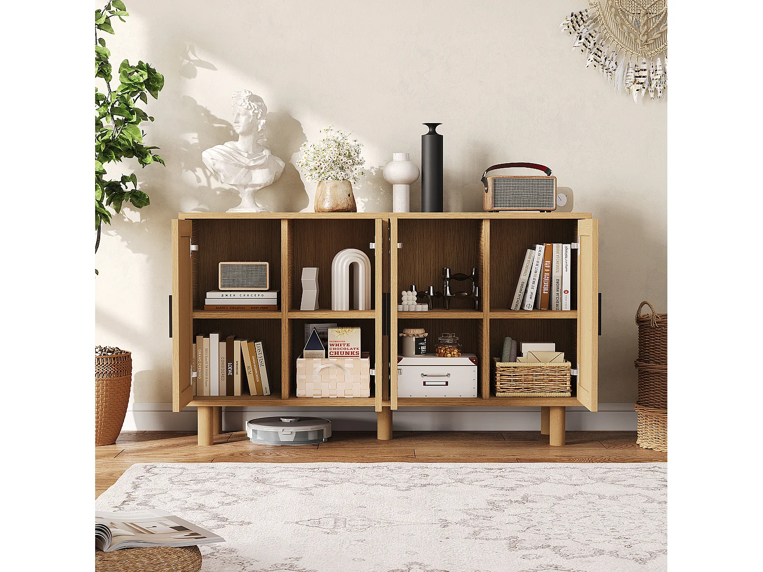 Dressoir van riet met 4 deuren en verstelbare planken - 80 x 40 x 140 cm - Eikenhout