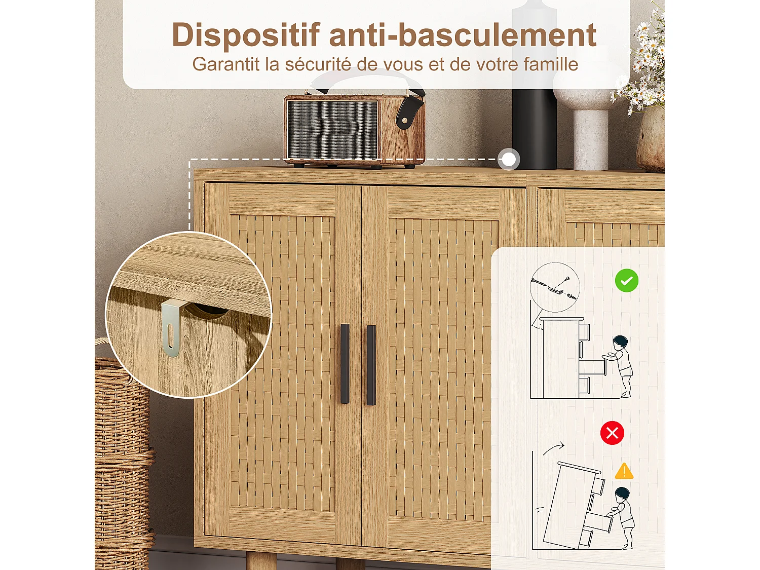 Dressoir van riet met 4 deuren en verstelbare planken - 80 x 40 x 140 cm - Eikenhout