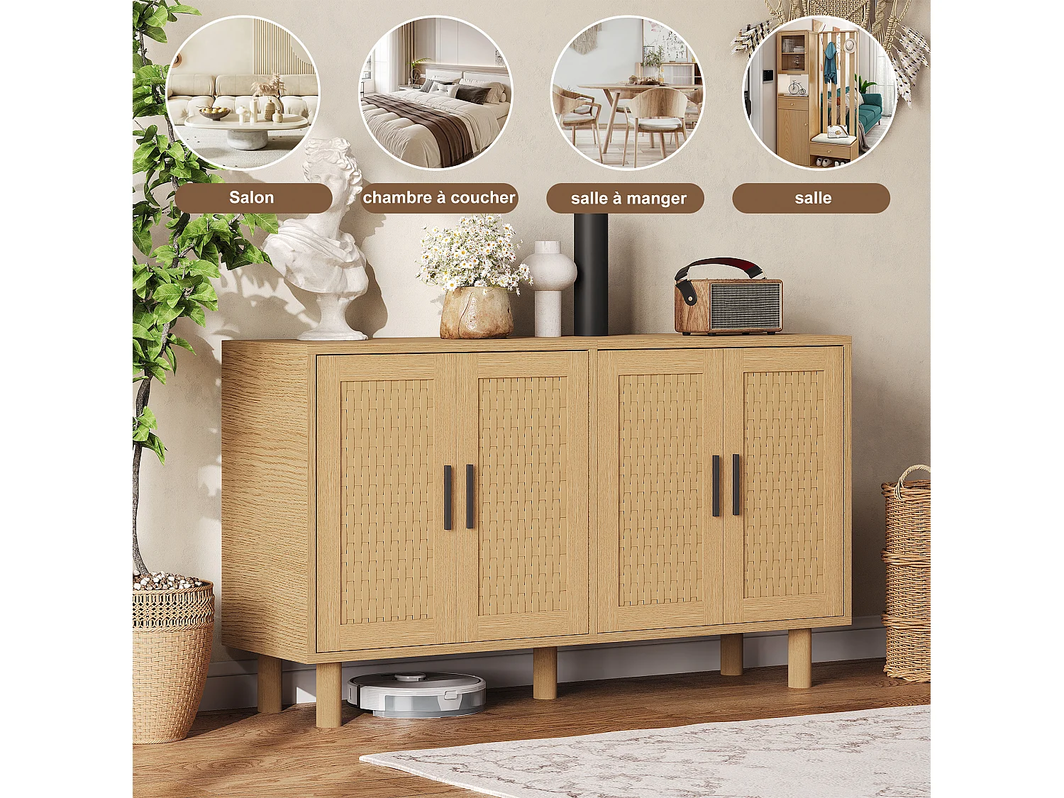 Dressoir van riet met 4 deuren en verstelbare planken - 80 x 40 x 140 cm - Eikenhout