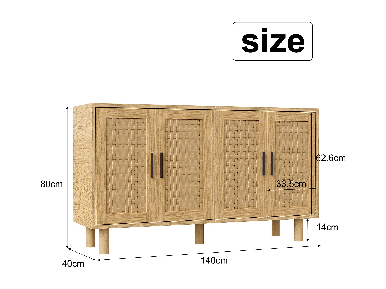 Dressoir van riet met 4 deuren en verstelbare planken - 80 x 40 x 140 cm - Eikenhout