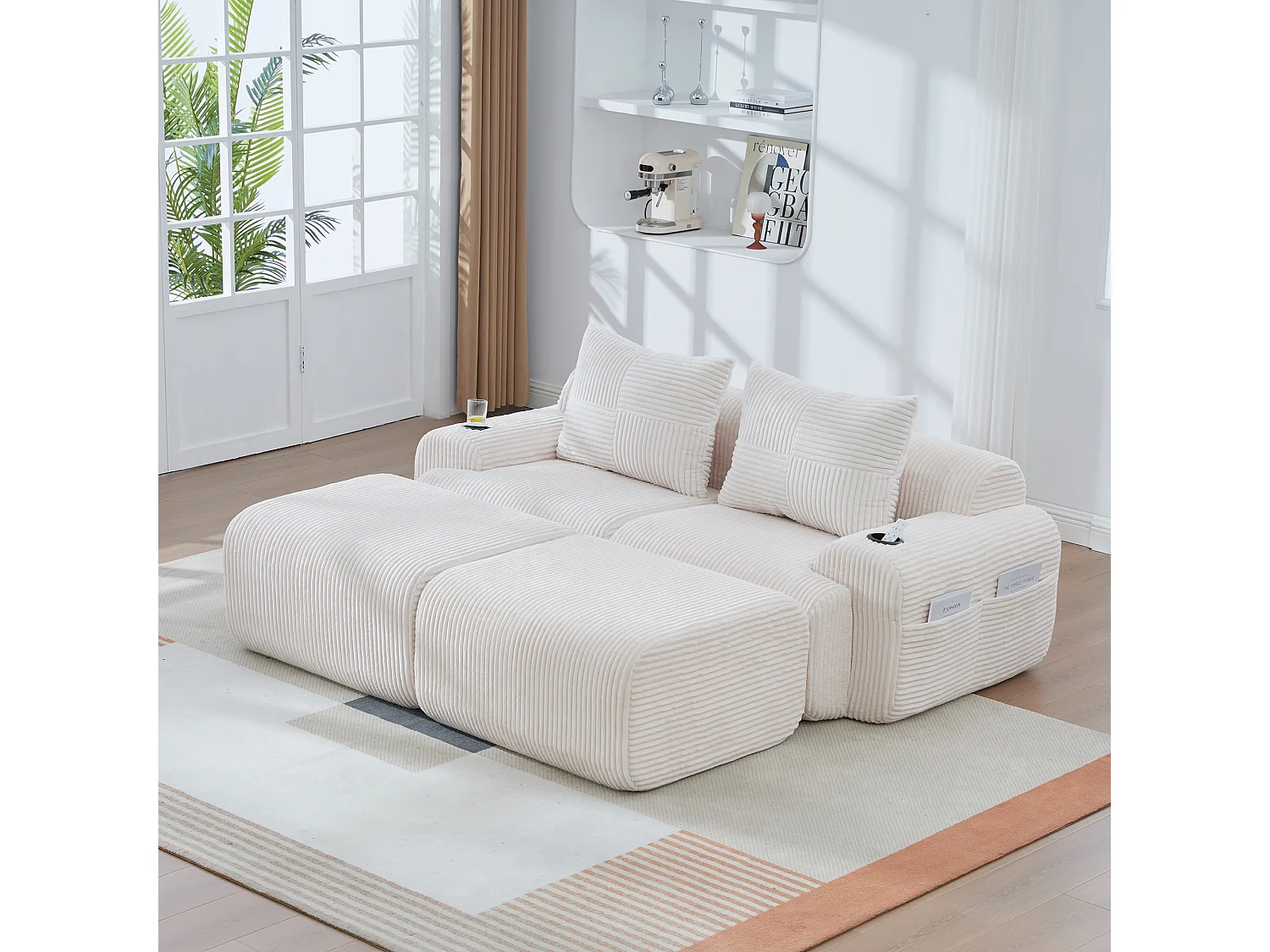 Canapé d'angle Modulable en Velours côtelé, avec porte-gobelets, 2 pouf et 2 coussins, 200x174x80cm, Beige