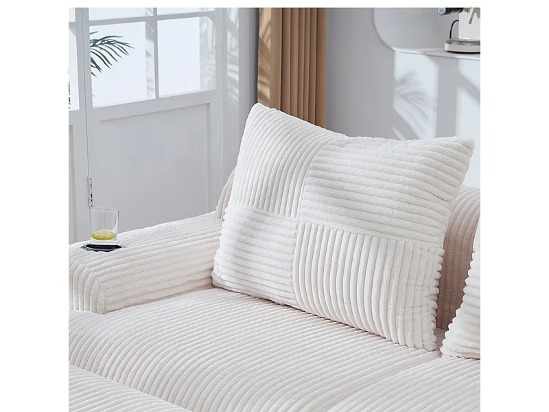 Canapé d'angle Modulable en Velours côtelé, avec porte-gobelets, 2 pouf et 2 coussins, 200x174x80cm, Beige