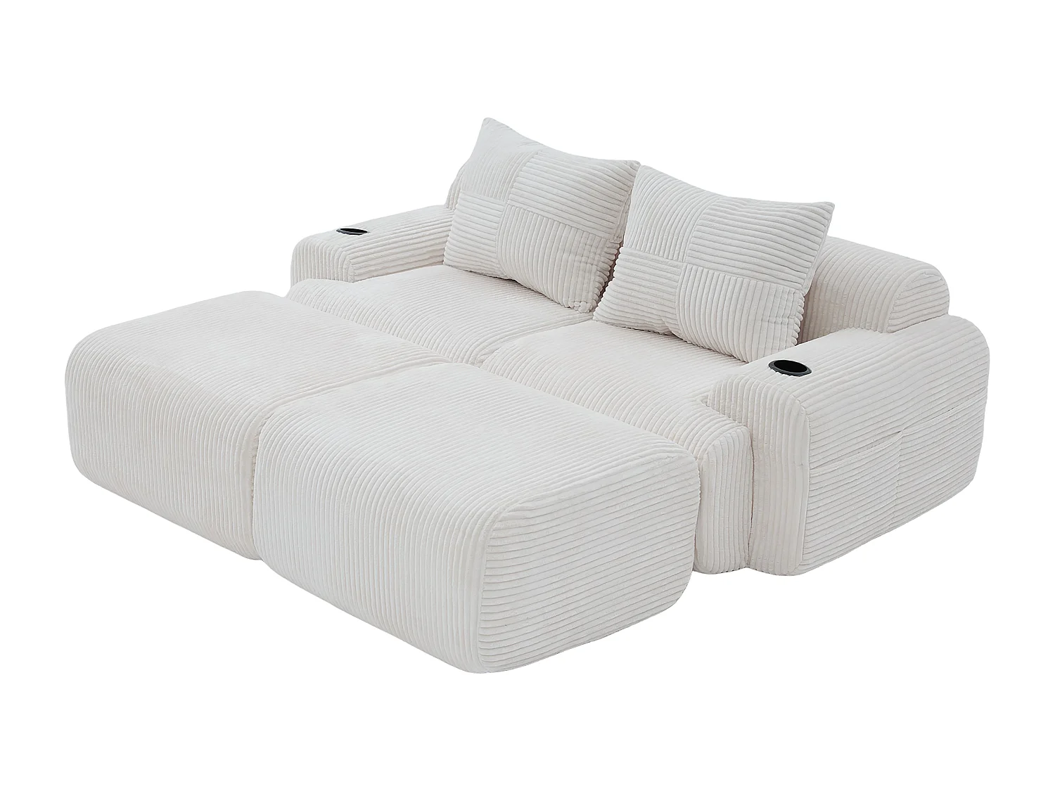Canapé d'angle Modulable en Velours côtelé, avec porte-gobelets, 2 pouf et 2 coussins, 200x174x80cm, Beige