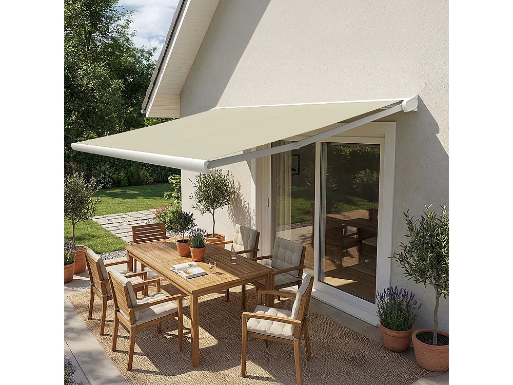 Store banne coffre CINABRE 2.5 x 1.5 m - Manuel - Blanc, toile acrylique beige clair