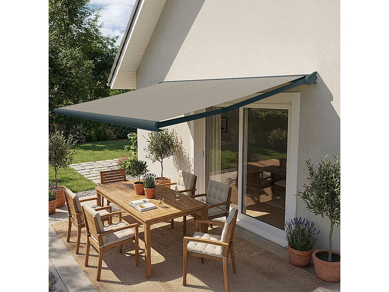 Store banne coffre CINABRE 2.5 x 1.5 m - Motorisé à interrupteur - Gris anthracite, toile acrylique taupe