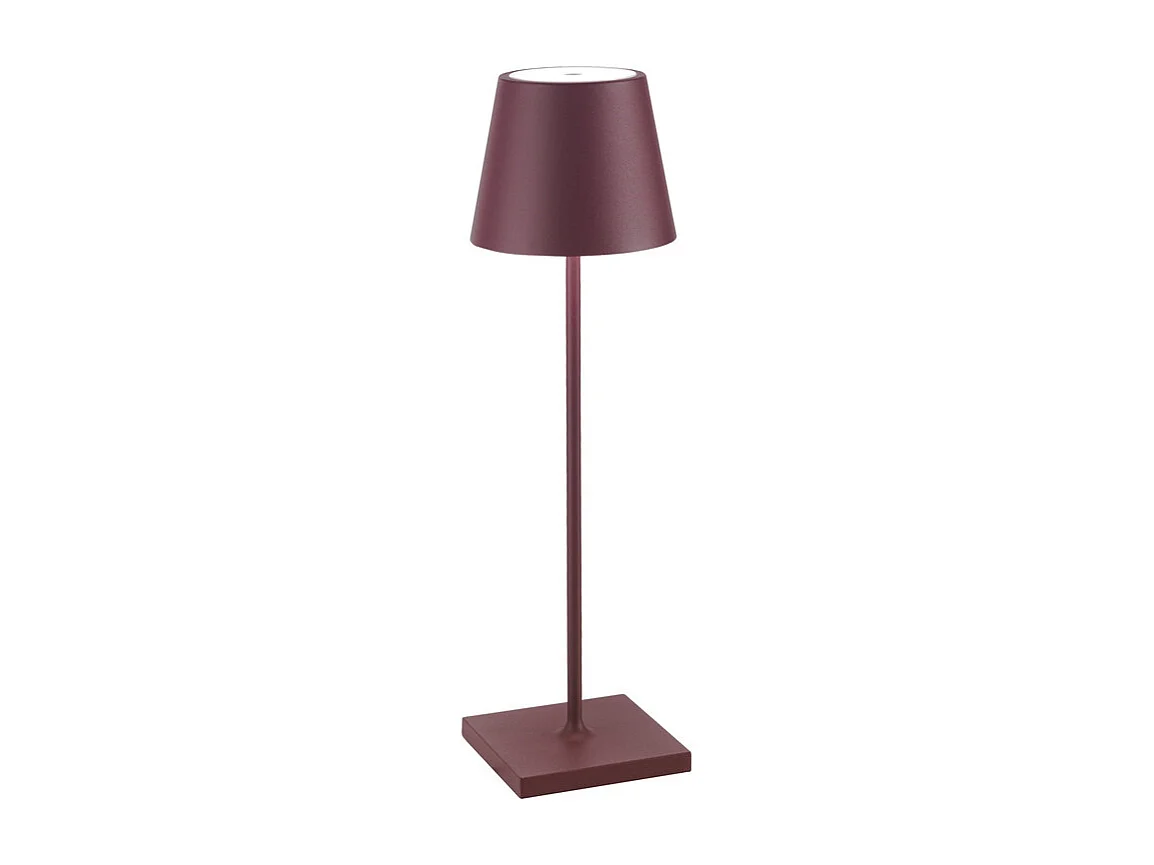 Lámpara de mesa LED Zafferano Poldina Pro Bordeaux, recargable y regulable, con una duración de batería de hasta 12 horas. Apta para exteriores, IP65.