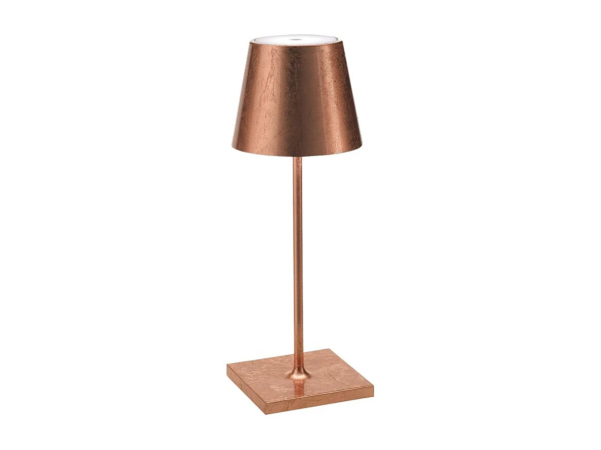 Zafferano Poldina Pro Mini Copper Leaf LED tafellamp, oplaadbaar en dimbaar met een batterijduur tot 12 uur.