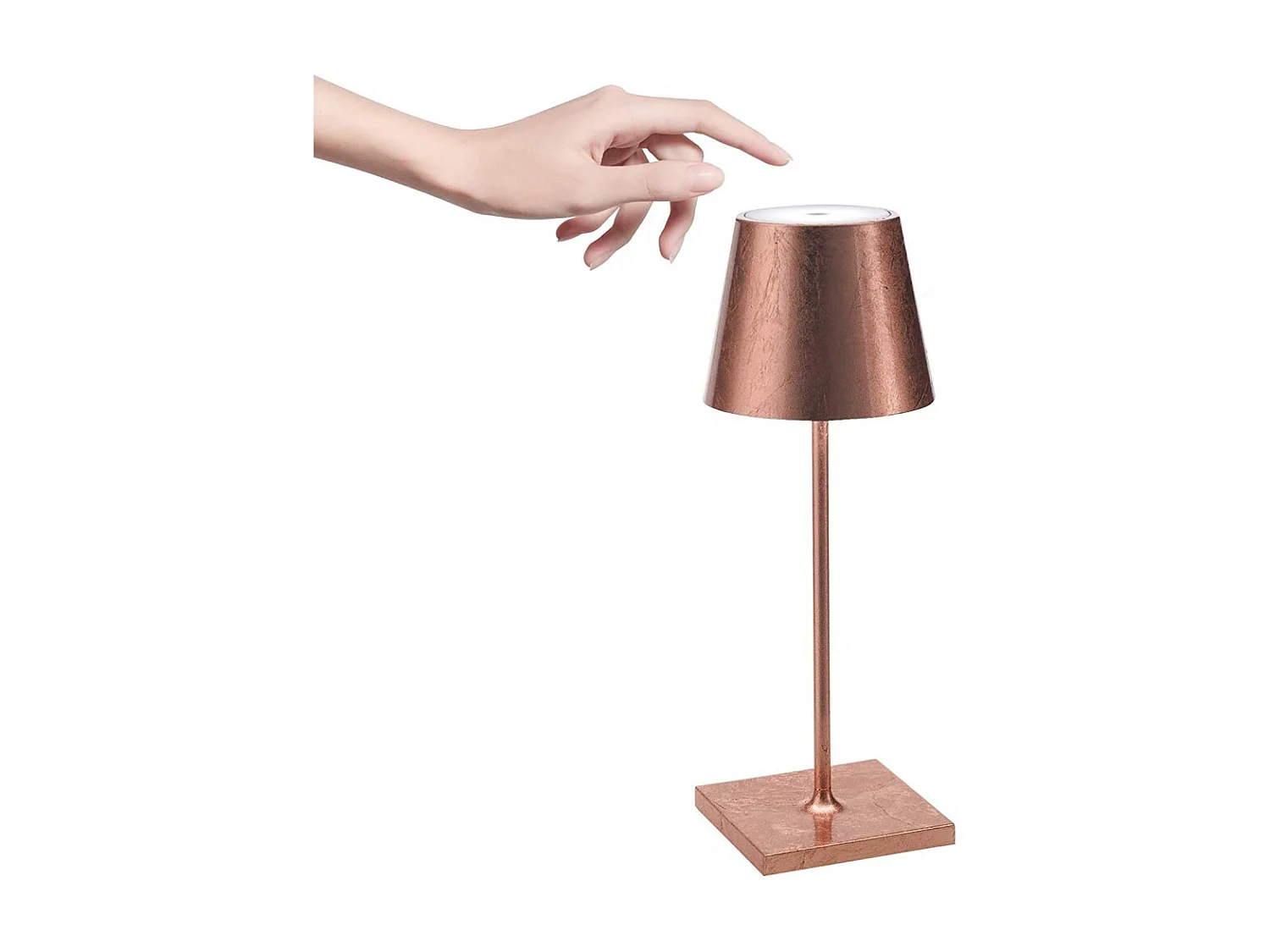 Zafferano Poldina Pro Mini Copper Leaf LED tafellamp, oplaadbaar en dimbaar met een batterijduur tot 12 uur.