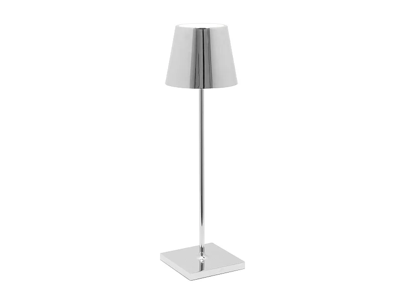 Lámpara de mesa LED Zafferano Poldina Pro en cromo pulido, recargable y regulable con duración de batería de hasta 12 horas