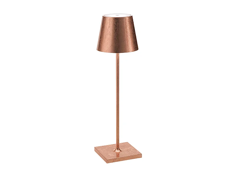 Zafferano Poldina Pro Copper Leaf LED tafellamp, oplaadbaar en dimbaar, met een batterijduur tot 12 uur.