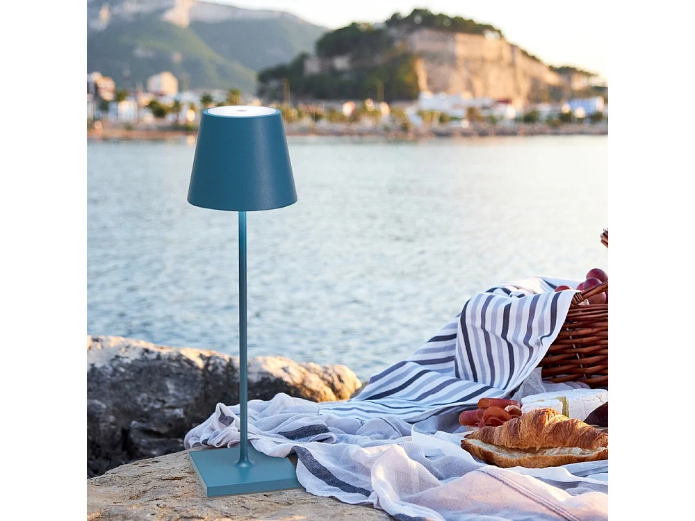 Lampe de table LED Zafferano Poldina Pro Avio Blue rechargeable dimmable autonomie jusqu'à 12 h IP65 usage extérieur