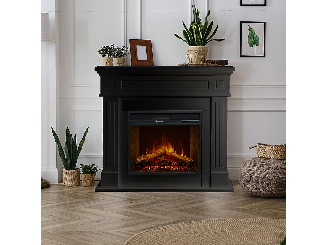 Camino elettrico caminetto da terra CAMBRIDGE in legno Nero 110x36x100h