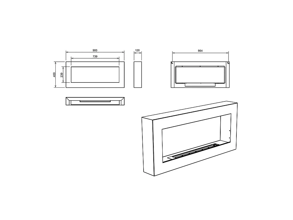 Siena weißer, wandmontierter Bioethanolkamin, L 90 x T 12 x H 40
