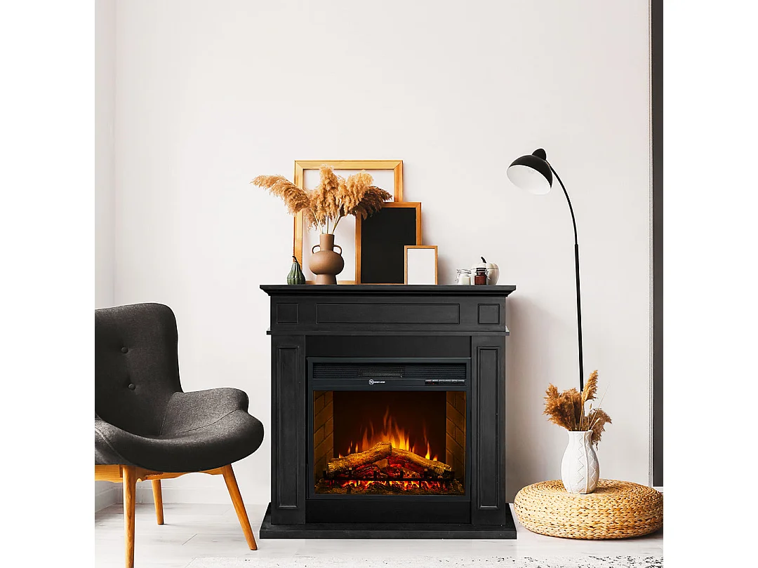 Camino elettrico caminetto da terra JEFFERSON in legno Nero L 89,5 x H90,5 x P28