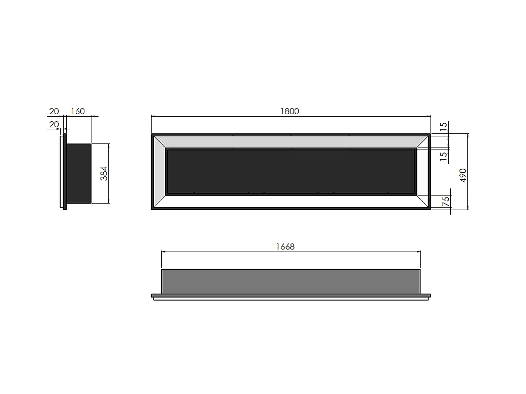 Sololed Caminetto a Bioetanolo Frame 1800 da incasso a parete con vetro incluso biocamino con 3 bruciatori da 1 litro - Nero Opaco