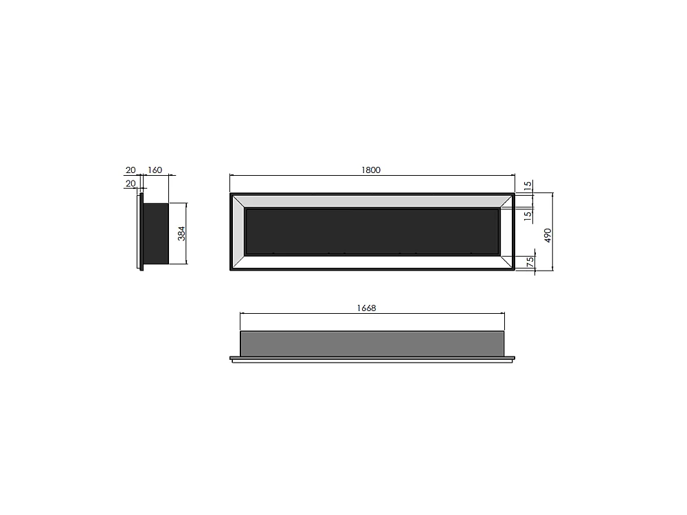 Chimenea de bioetanol  Frame 1800, de pared, con cristal incluido, 3 quemadores de 1 litro - Negro mate
