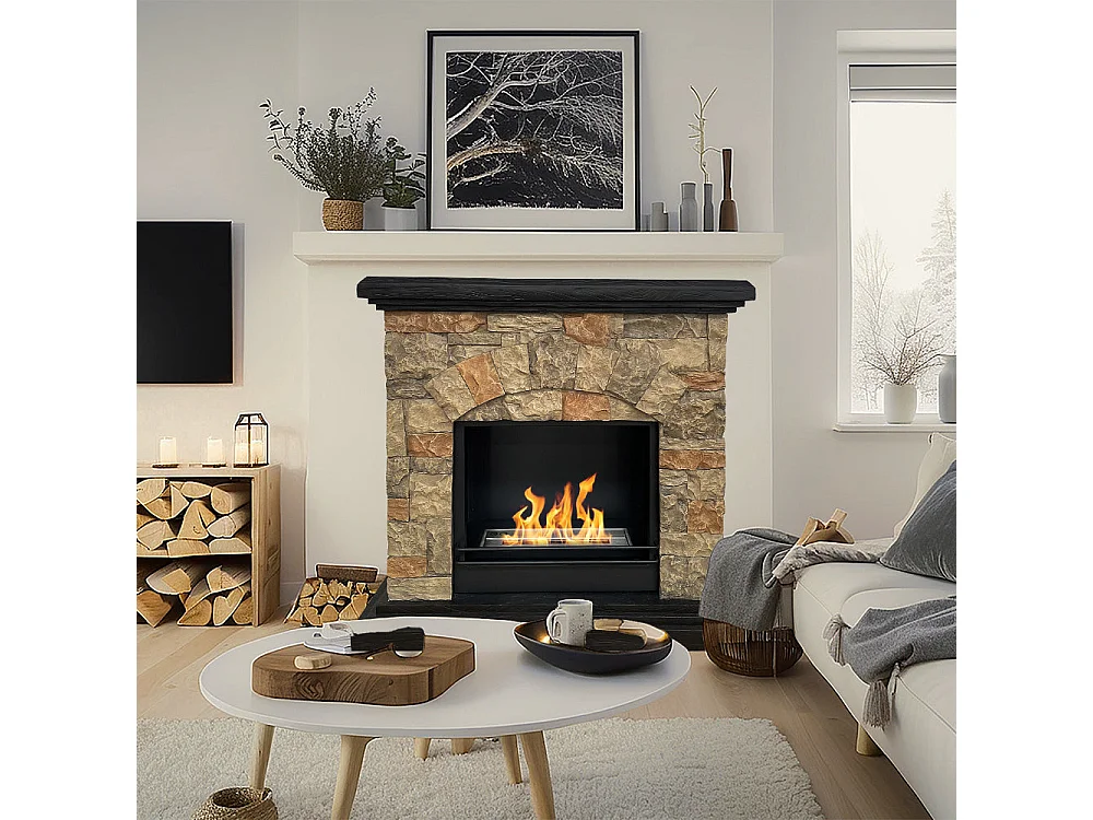 Chimenea de bioetanol Belluno, biochimenea de pie, efecto piedra artificial, L105xP38xH100