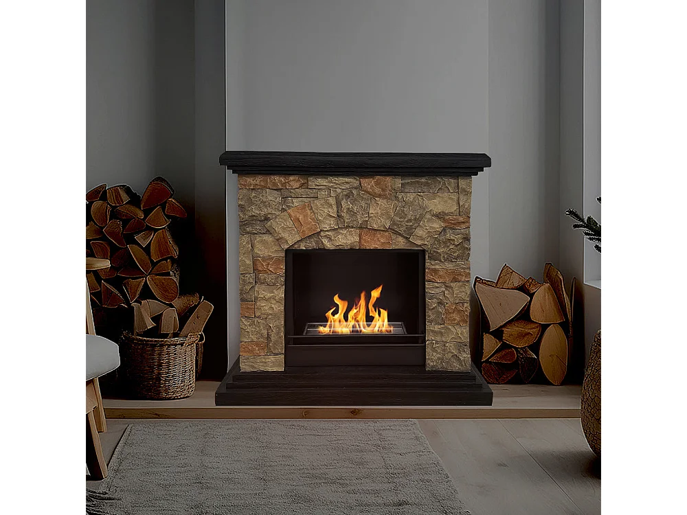 Chimenea de bioetanol Belluno, biochimenea de pie, efecto piedra artificial, L105xP38xH100