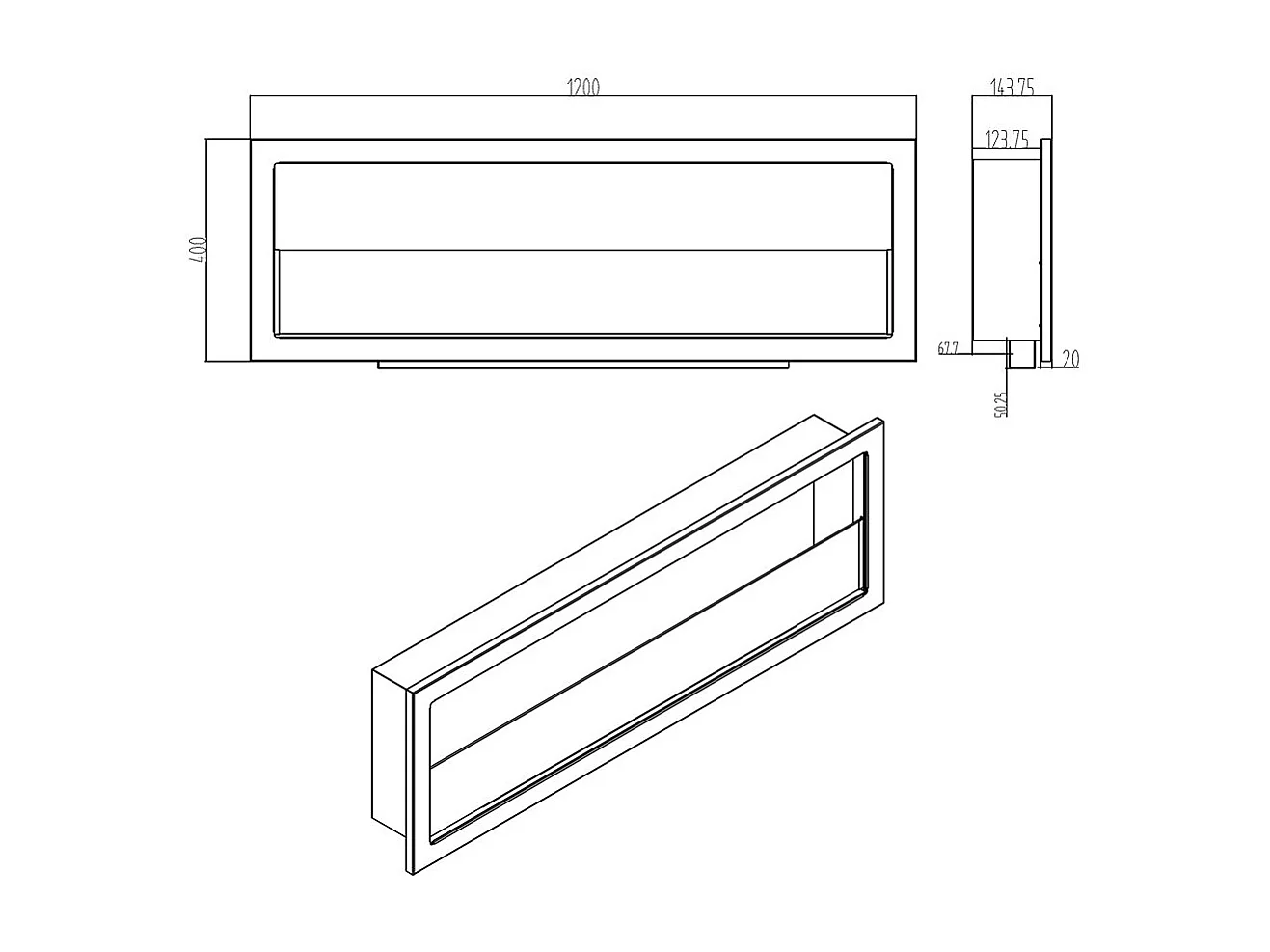 Chimenea de bioetanol de pared FURORE 120, 120x40 cm
