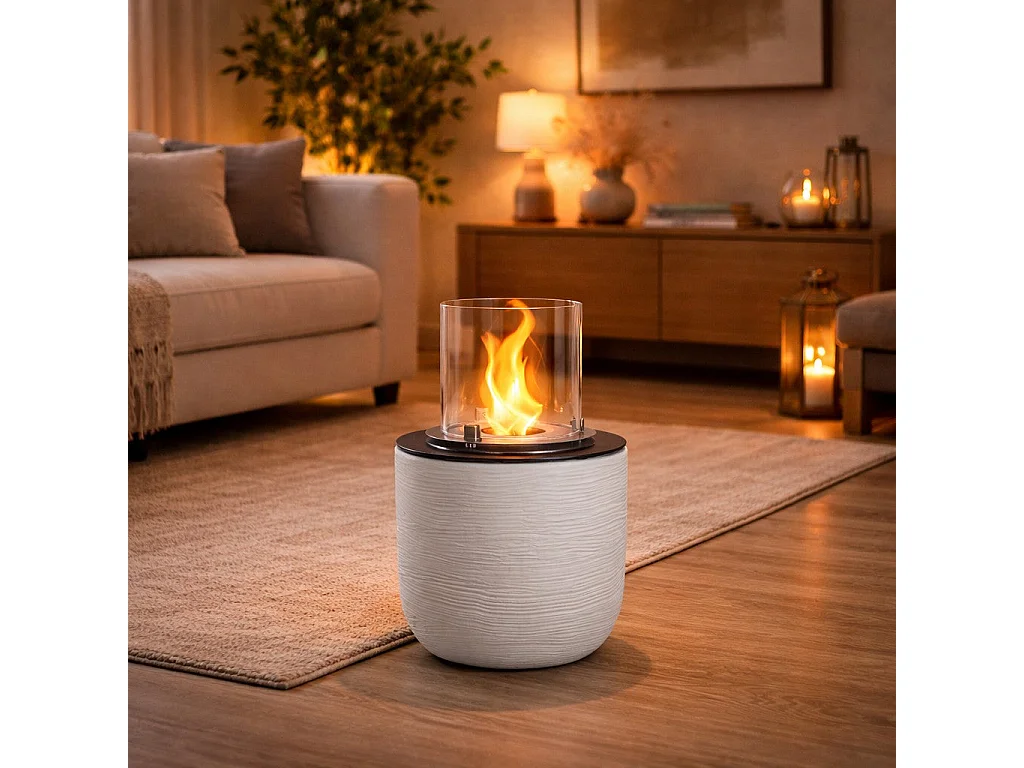 Chimenea de bioetanol RAFFAELLO Pearl White, brasero de pie para interior y exterior, d.35 x h.55