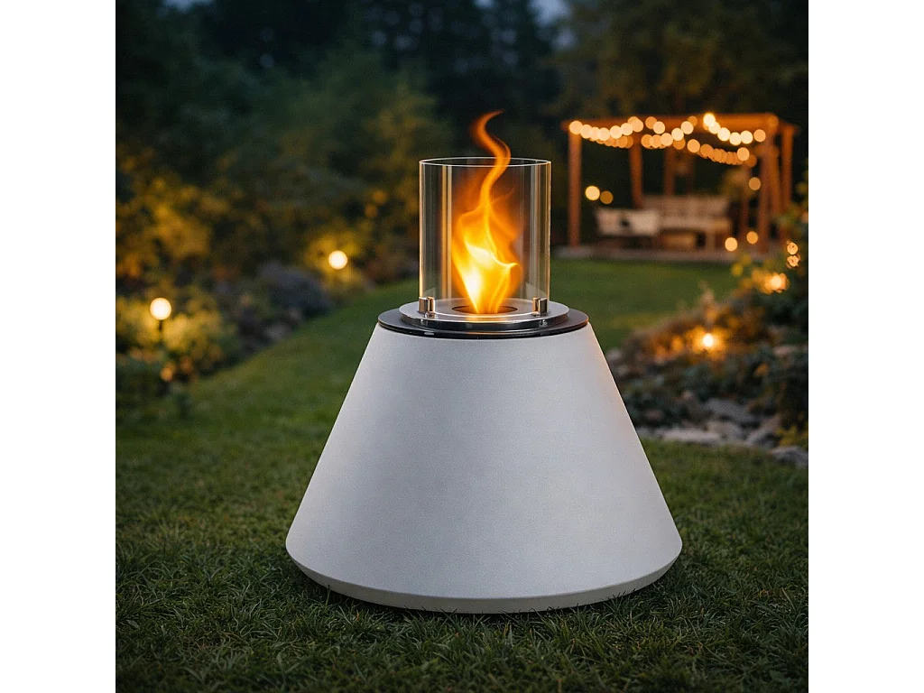 Chimenea de bioetanol STROMBOLI Pearl White, brasero de pie para uso interior y exterior, d.60 x h.56