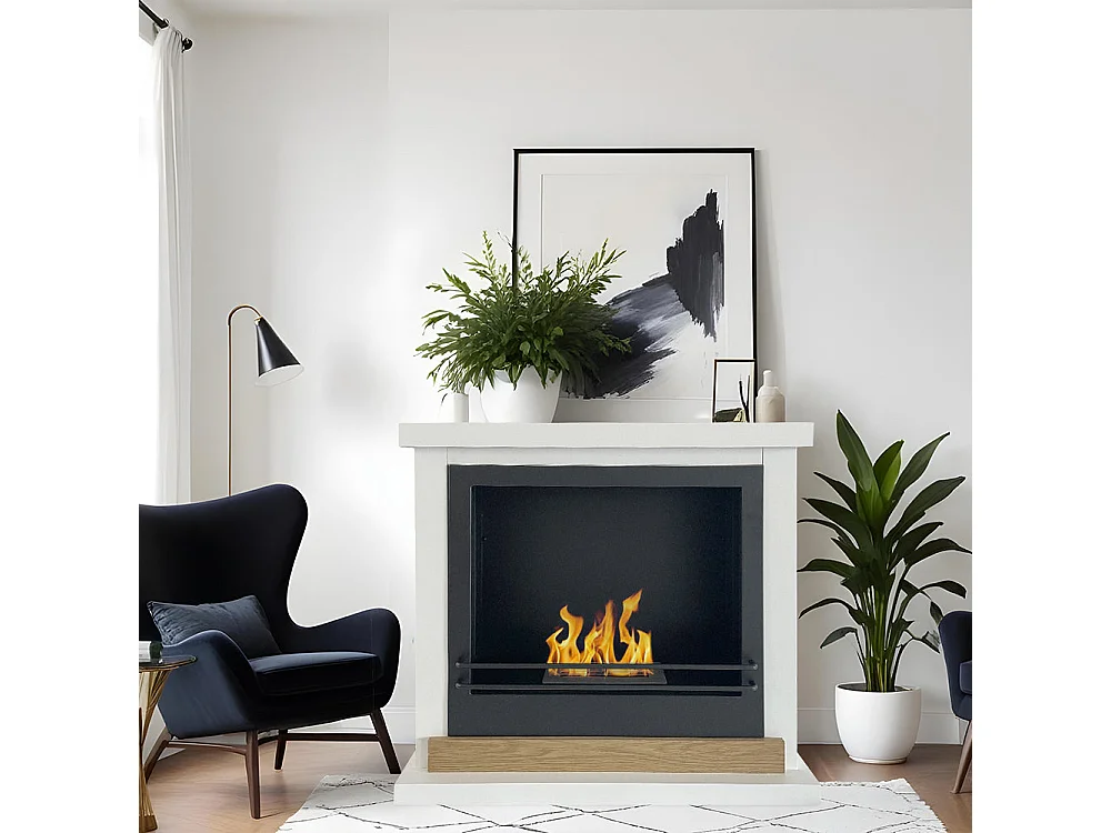 Chimenea de bioetanol de pie Stockholm en madera blanca, L75xP24xH68 cm