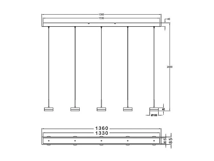 Lámpara colgante Fabas Luce Dunk de 5 luces - LED regulable de 40 W - Aluminio cepillado Diseño lineal