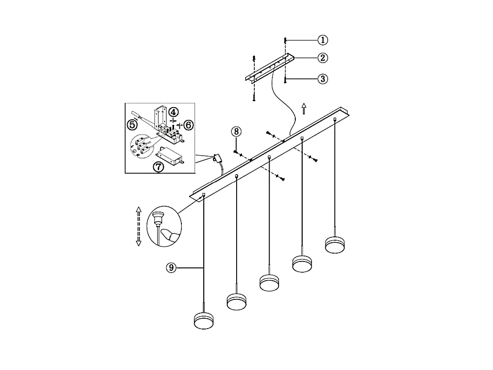 Fabas Luce Dunk pendellampe med 5 lys - 40W dæmpbar LED - Børstet aluminium - Lineært design