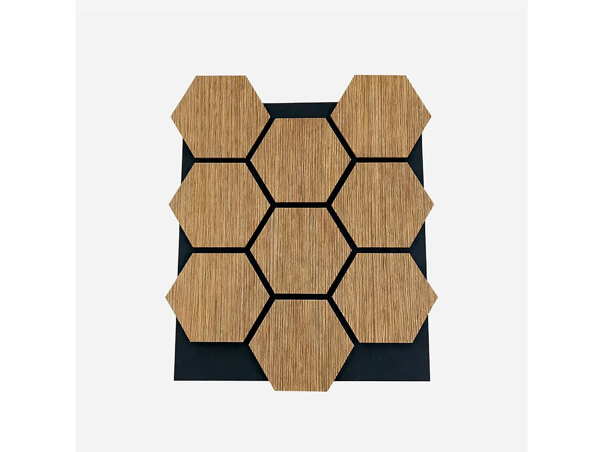 Decorative MDF wood panel with hexagonal pattern and PET felt, set of 12 pieces, 62x76 cm, sound-absorbing wall covering, oak.