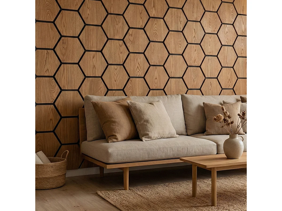 Decorative MDF wood panel with hexagonal pattern and PET felt, set of 12 pieces, 62x76 cm, sound-absorbing wall covering, oak.