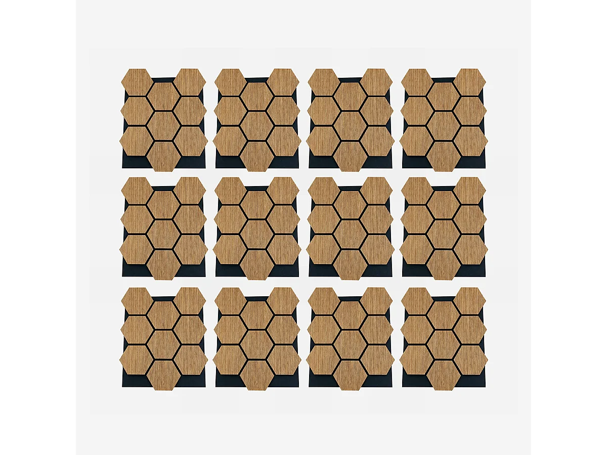 Decorative MDF wood panel with hexagonal pattern and PET felt, set of 12 pieces, 62x76 cm, sound-absorbing wall covering, oak.