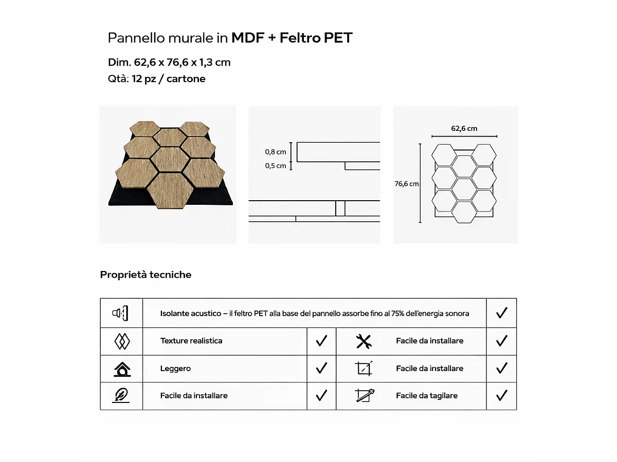 Decorative MDF wood panel with hexagonal pattern and PET felt, set of 12 pieces, 62x76 cm, sound-absorbing wall covering, oak.