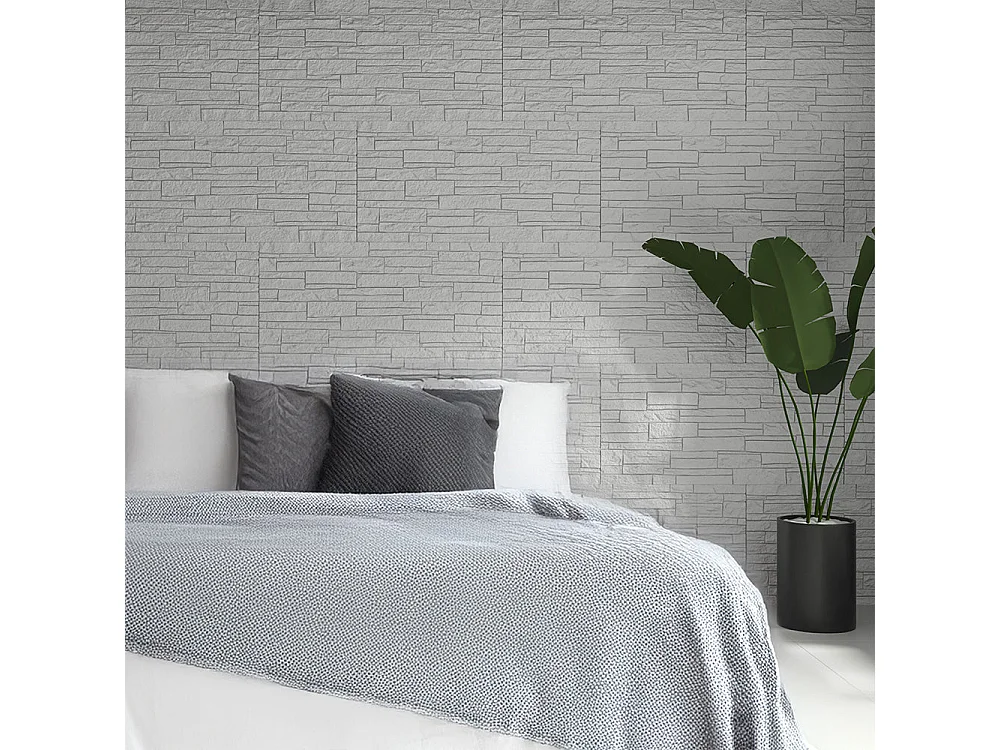 Ensemble de 12 panneaux décoratifs effet brique et pierre 3D, revêtement mural PU 8,6 m² (120x60x2,5 cm), quartzite blanc