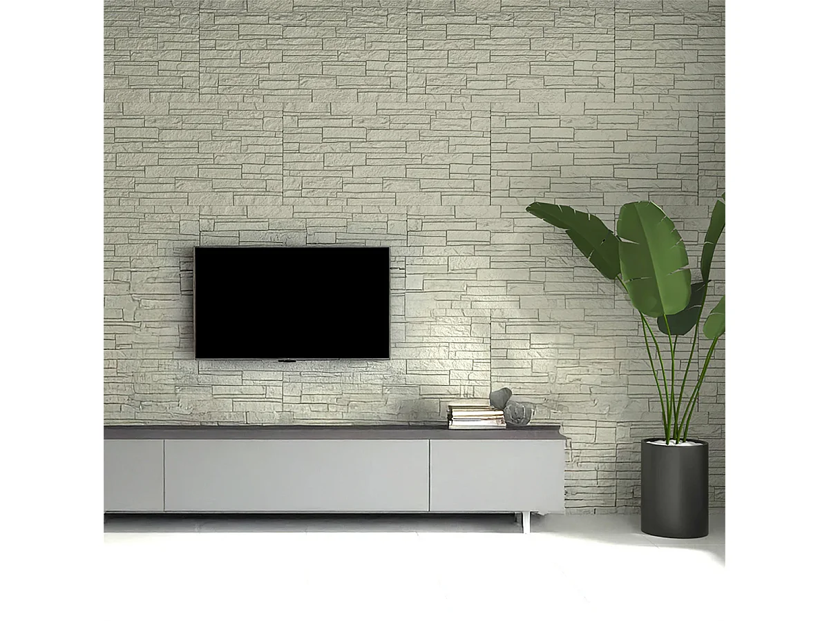 Ensemble de 12 panneaux décoratifs effet brique et pierre 3D, revêtement mural PU 8,6 m² (120 x 60 x 2,5 cm), coloris Greige Tortora