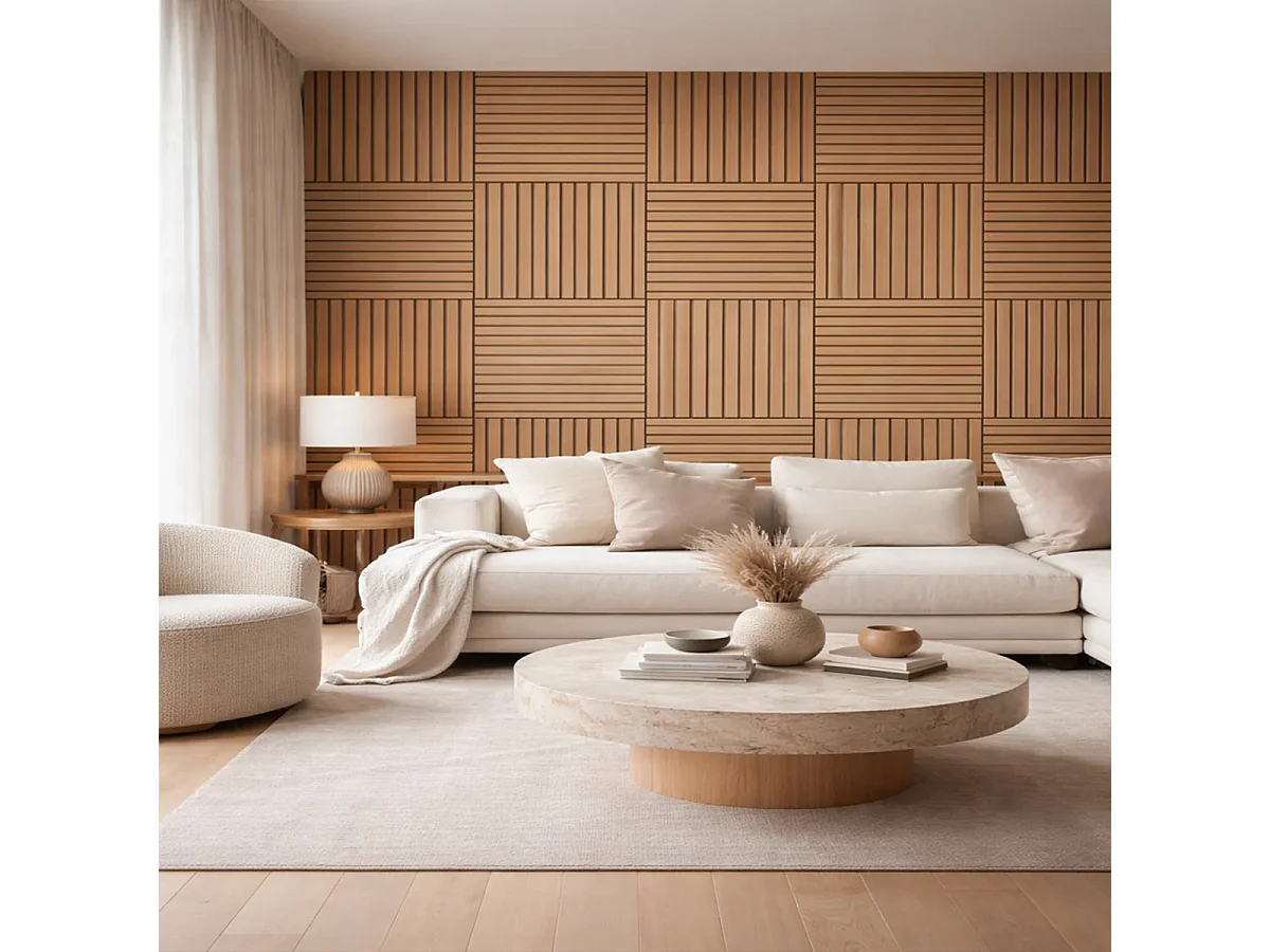 Decorative wooden slat panel, MDF slats and PET felt, set of 12 pieces, 60x60 cm, sound-absorbing wall covering, oak.