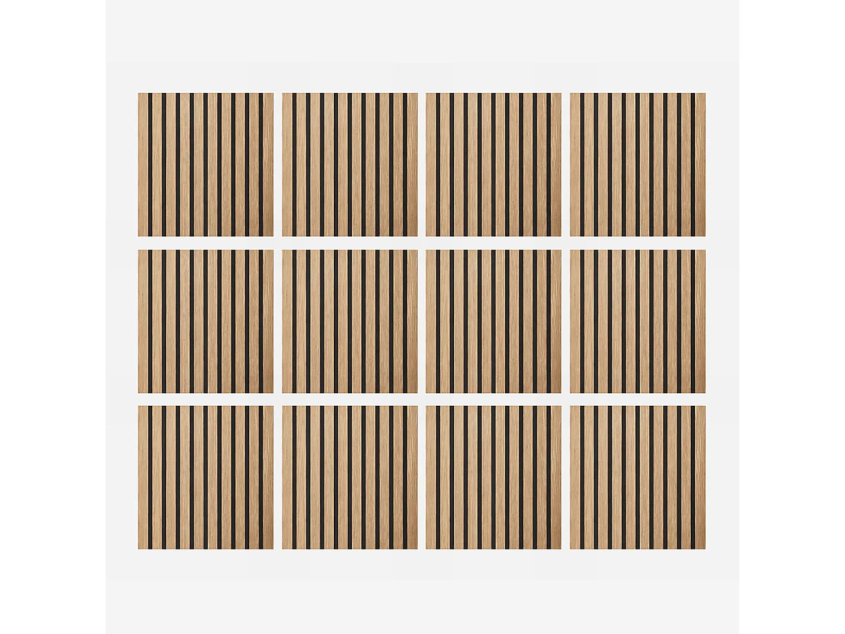 Decorative wooden slat panel, MDF slats and PET felt, set of 12 pieces, 60x60 cm, sound-absorbing wall covering, oak.