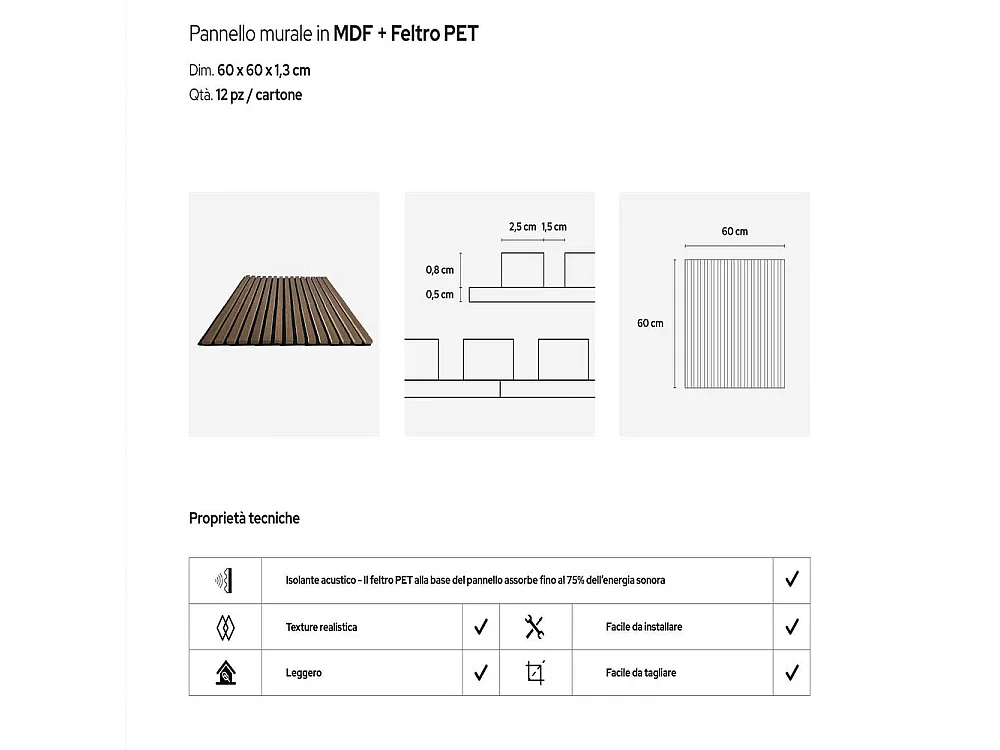 Decorative wooden slat panel, MDF slats and PET felt, set of 12 pieces, 60x60 cm, sound-absorbing wall covering, oak.