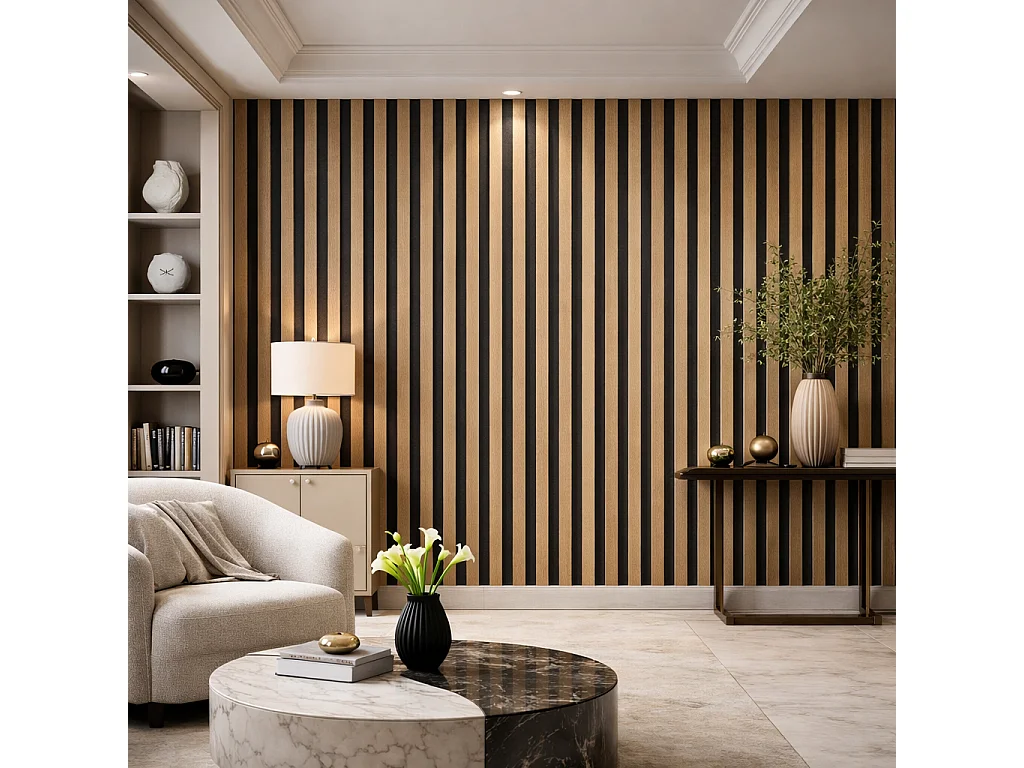 Dekoracyjny panel ścienny z listew drewnianych, listew MDF i filcu PET, zestaw 12 sztuk, 60x60 cm, dźwiękochłonna okładzina ścienna, dąb.