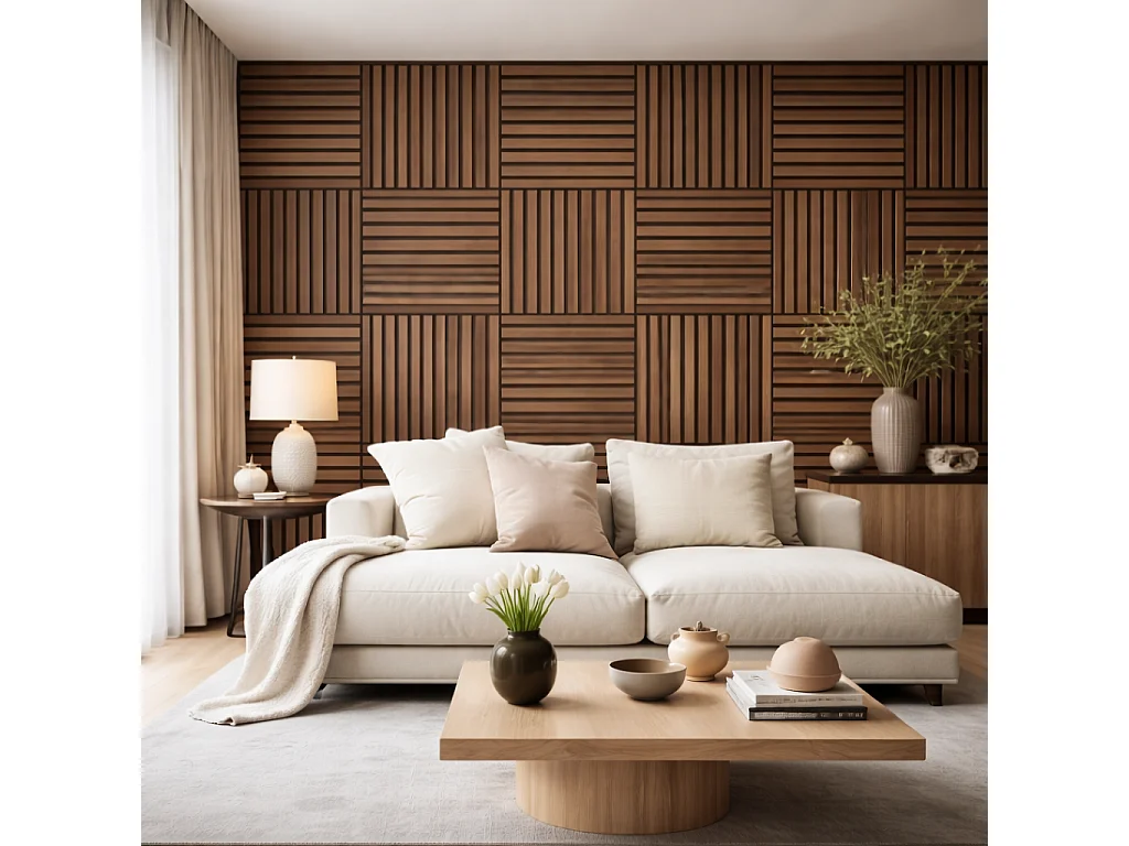 Dekorative Holzlamellenpaneele, MDF-Lamellen und PET-Filz, 12er-Set à 60 x 60 cm, schallabsorbierende Wandverkleidung, hellwalnussfarben