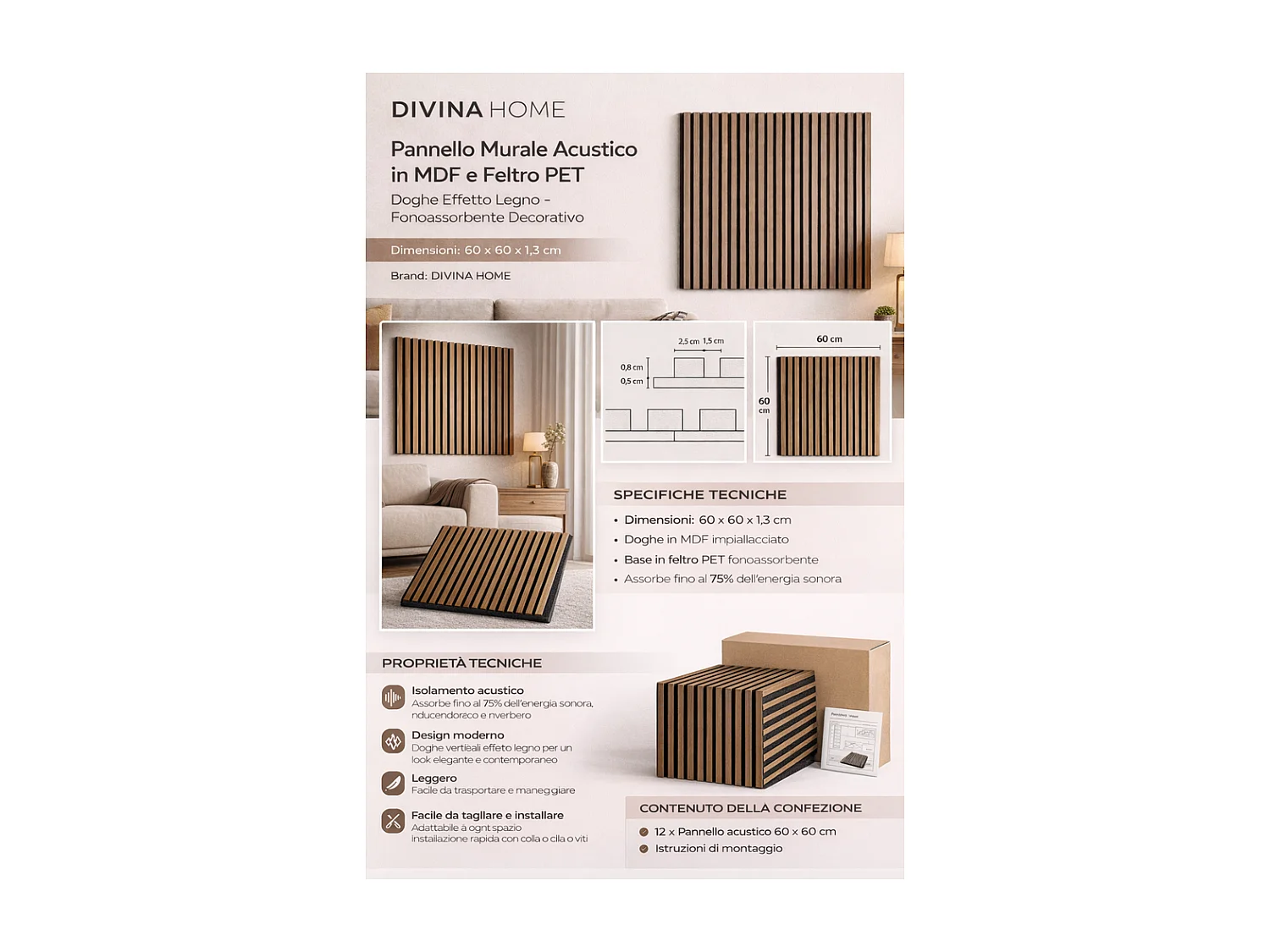 Dekorative Holzlamellenpaneele, MDF-Lamellen und PET-Filz, 12er-Set à 60 x 60 cm, schallabsorbierende Wandverkleidung, hellwalnussfarben