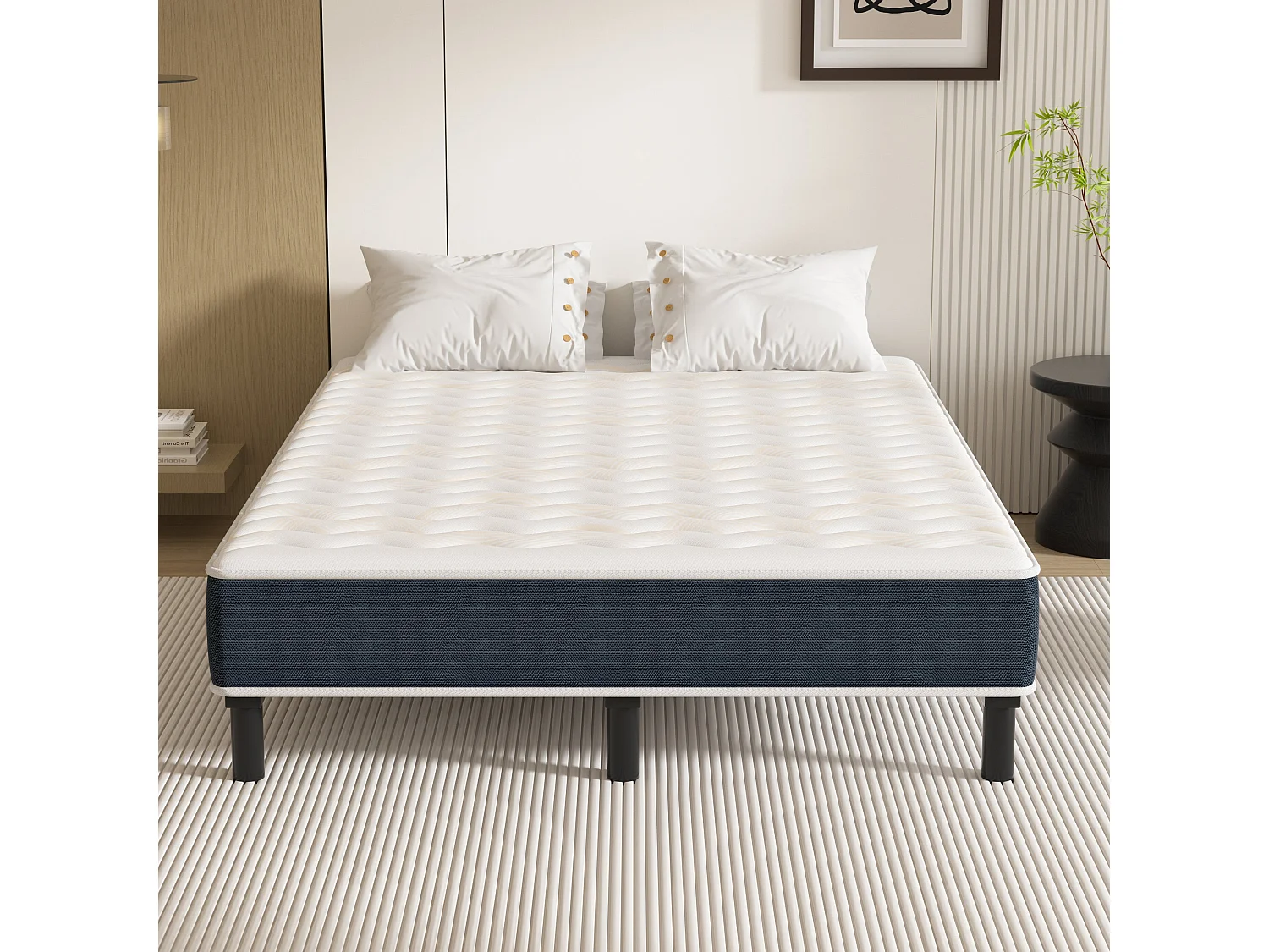 Combinaison lit matelas 120x190 cm, Matelas a mousse+ Cadre de Lit en Fer, Comprenant 9 pieds, Epaisseur du matelas 15 cm