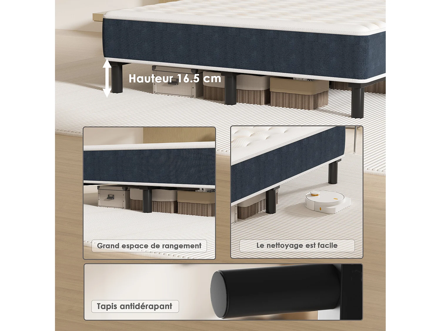 Combinaison lit matelas 120x190 cm, Matelas a mousse+ Cadre de Lit en Fer, Comprenant 9 pieds, Epaisseur du matelas 15 cm