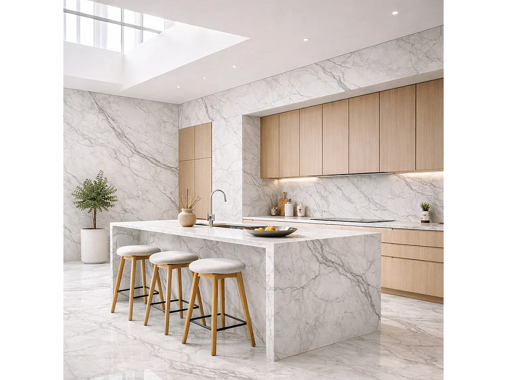 Panneau décoratif grès cérame effet marbre, lot de 6, PVC 4,3m², finition UV, 120x60 cm, blanc