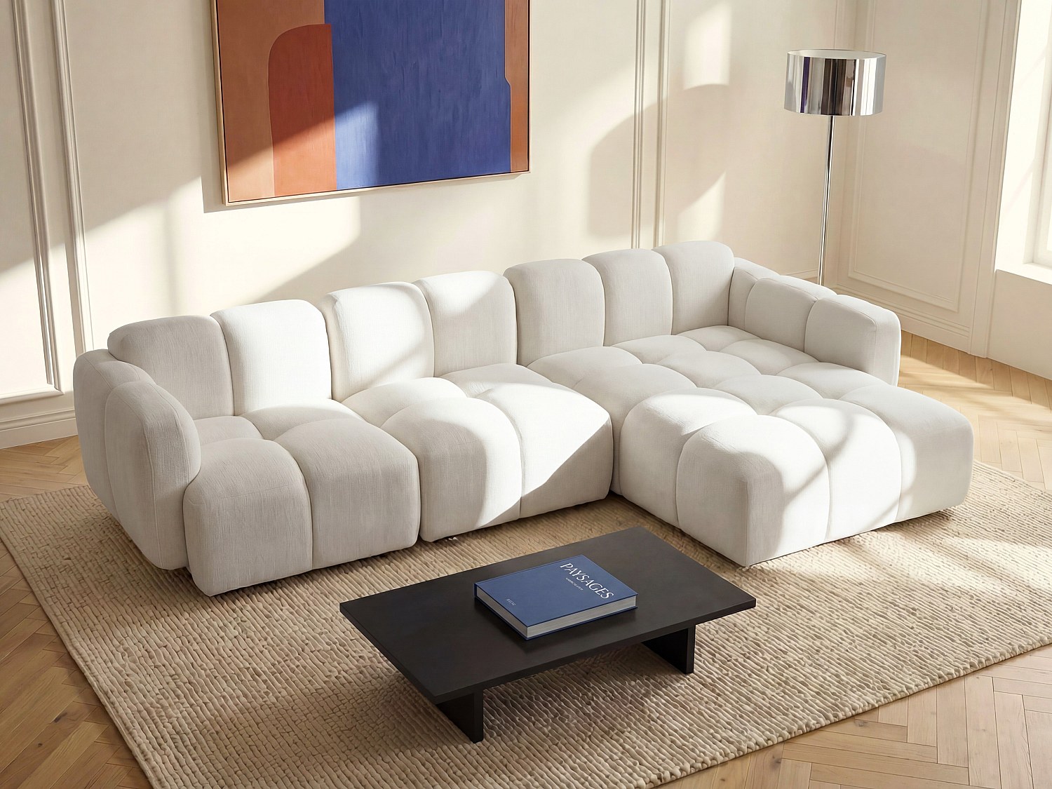 Modulares Ecksofa aus strukturiertem Stoff in Cremeweiß CARLIVI
