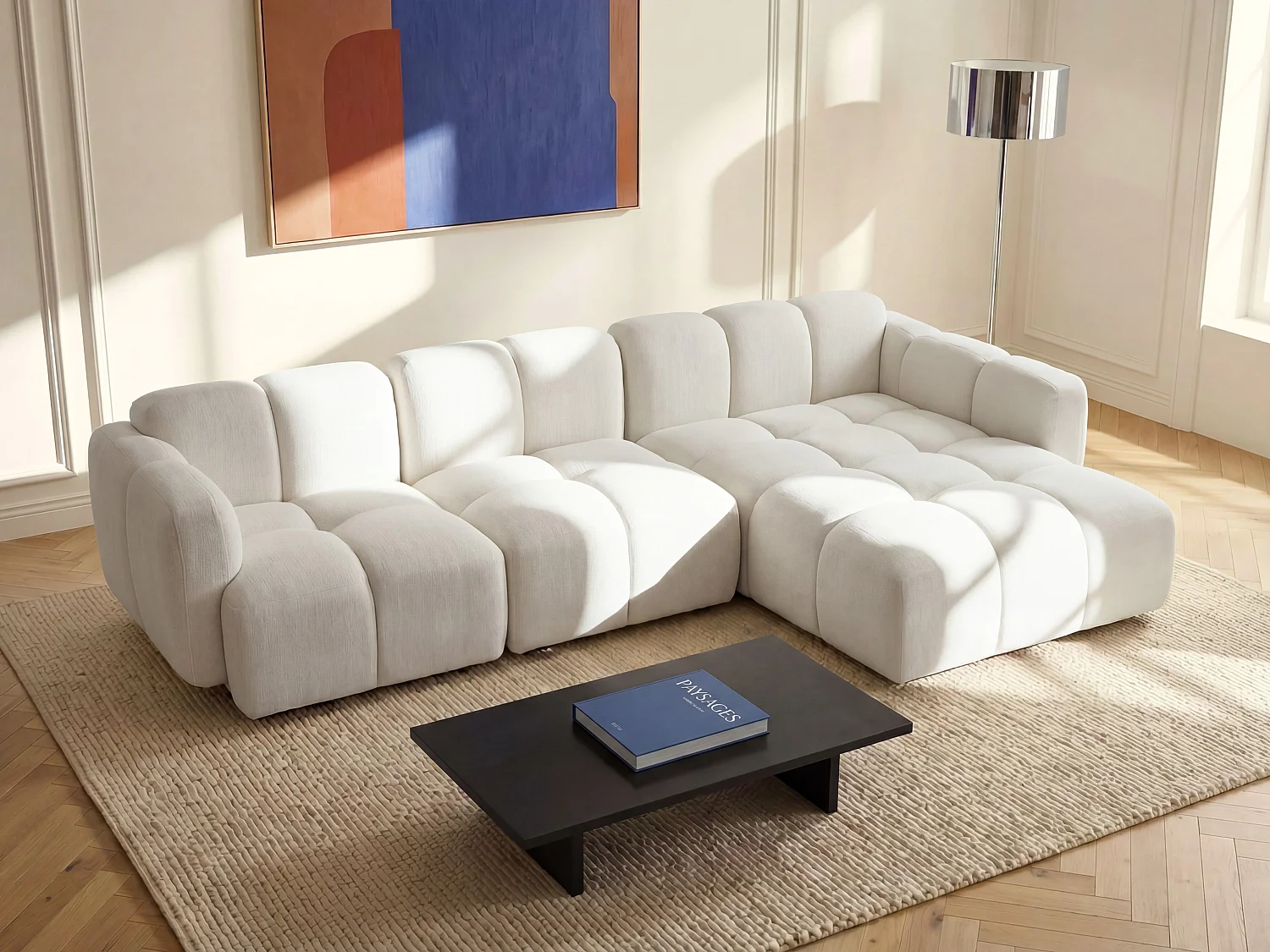 Divano angolare modulabile in tessuto testurizzato bianco avorio - CARLIVI