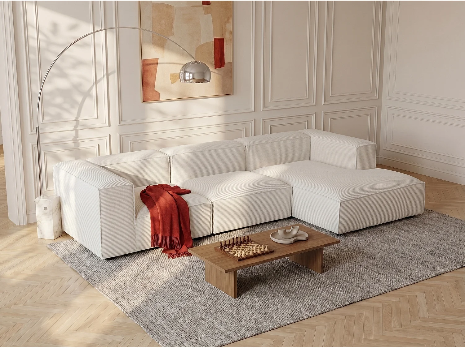 Canapé d'angle droit modulable en velours côtelé beige RUZOLO