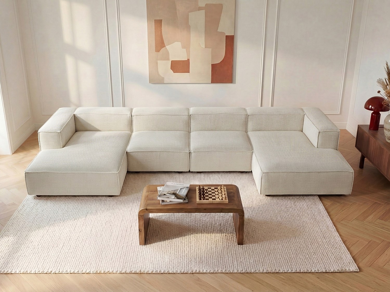 Modulares Panorama-Ecksofa aus beigem Cord-Samt RUZOLO