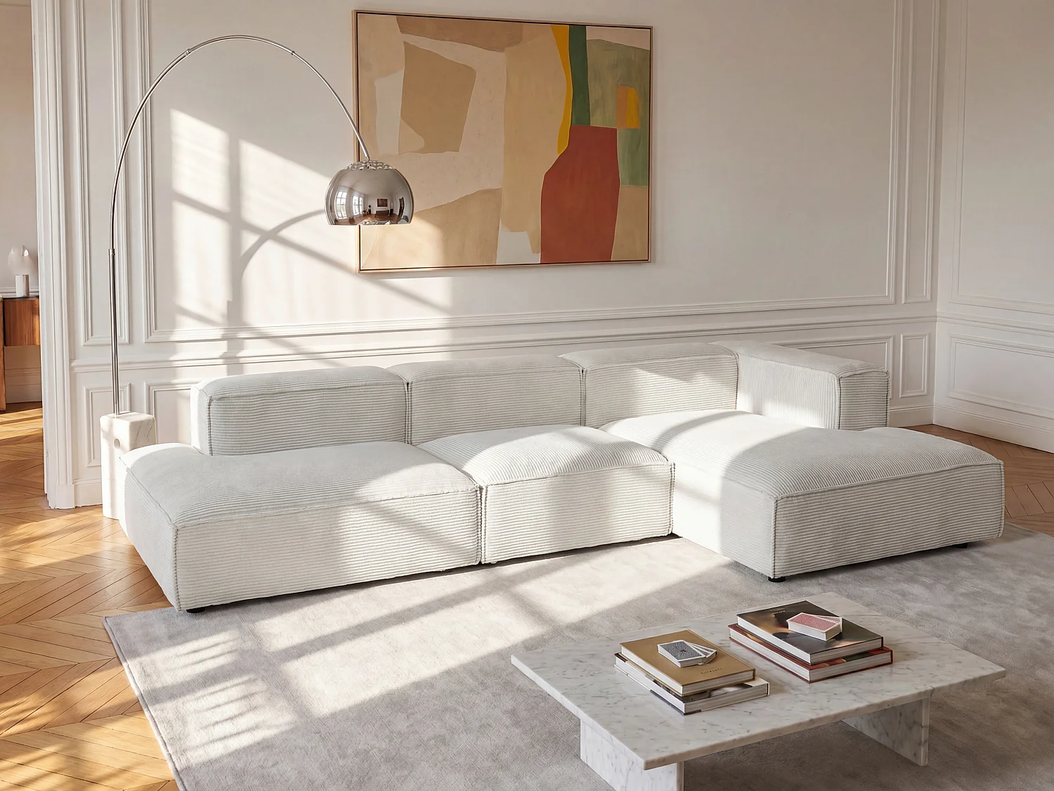 Modulaire open hoekbank in beige ribfluweel RUZOLO