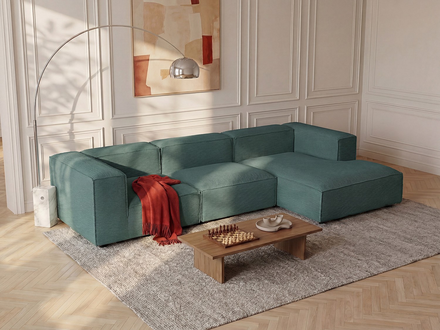 Modulares Ecksofa aus grünem Cord-Samt RUZOLO
