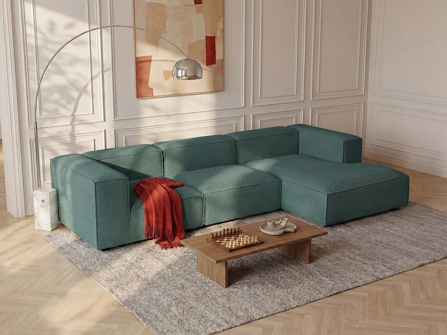 Sofá de canto modular em veludo canelado verde RUZOLO